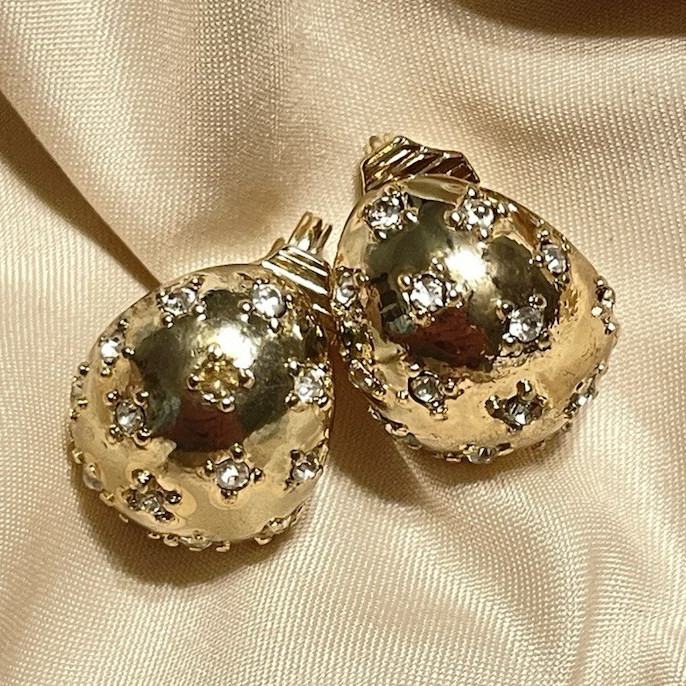 Vintage Signed Monet Gold Tone Pavé Crystal Huggie Domed Hoop Clip-on Earrings