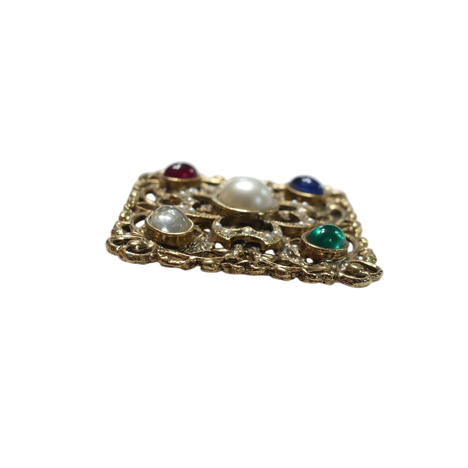 Vintage Byzantine Style Brooch in Red, Green, Blue and Pearlds