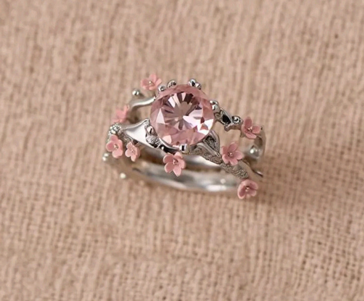 Silver Cherry Blossom Ring Stainless Steel Pink Zirconia Flower Statement Band