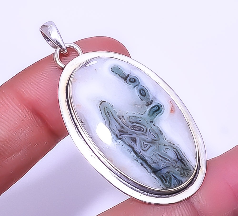 Moss Agate – India Gemstone 925 Sterling Silver Handmade Pendant 1.95″ A328