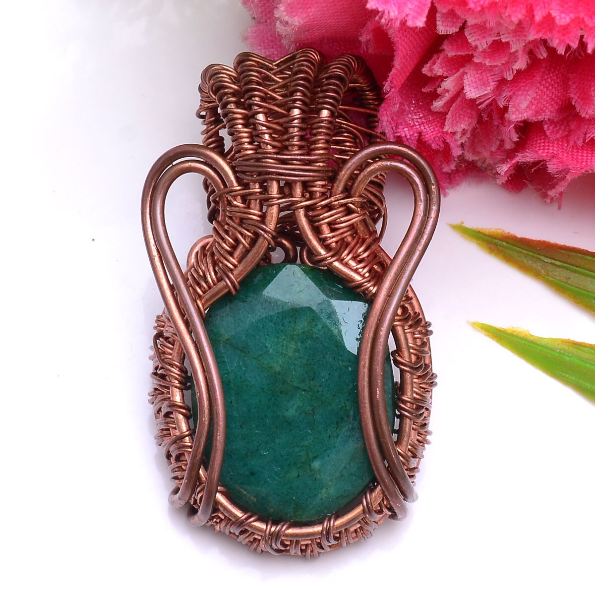 Handmade Natural Emerald 2.00″ Copper Wire Wrapped Healing Crystal Pendant Reiki