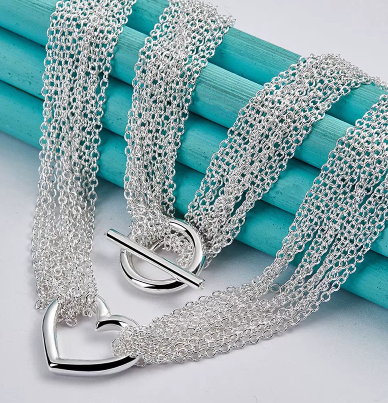 .925 Sterling Silver Multi-Thin 17.5 in Necklace Heart White Gold Plated Toggle