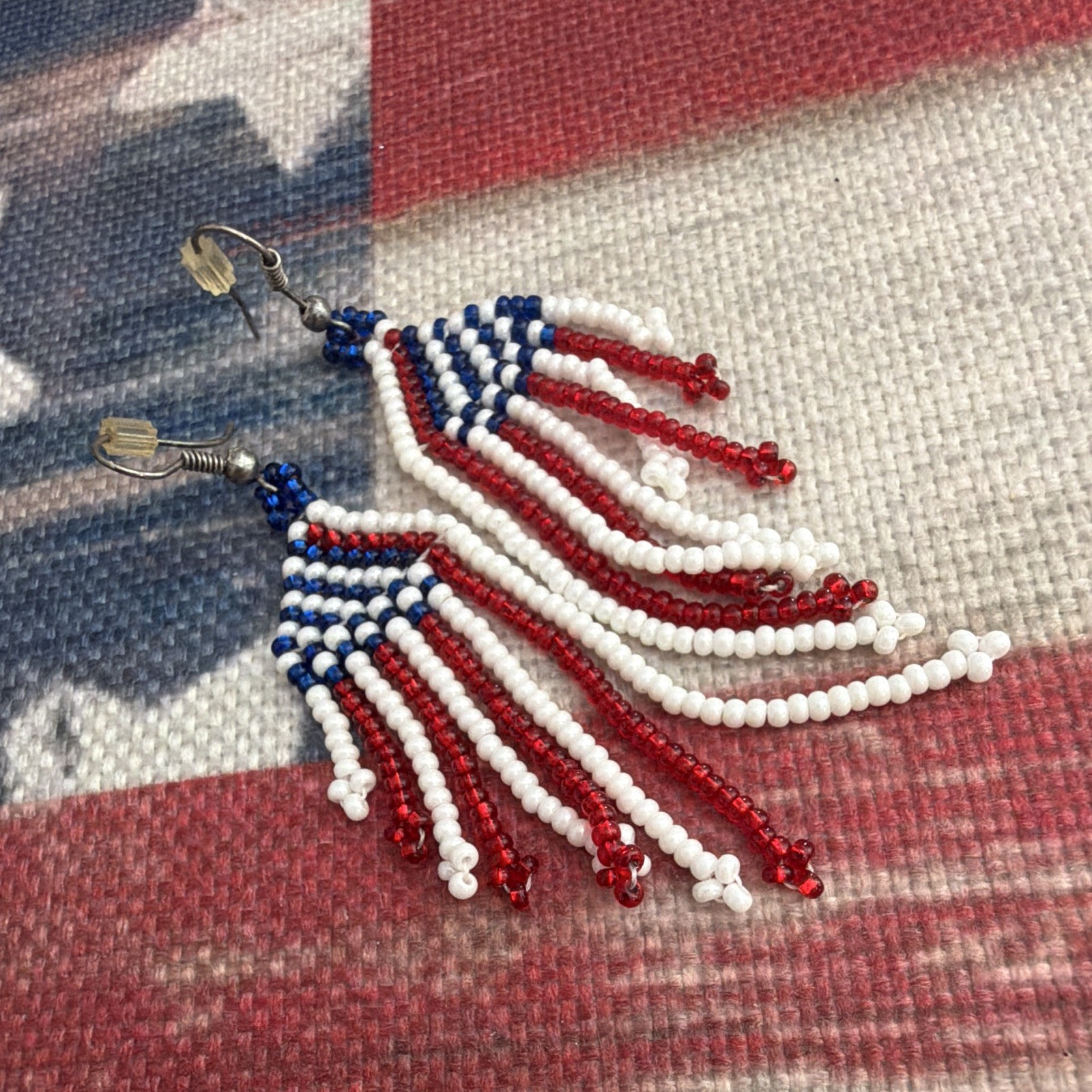 Red White Blue Flag Beaded Dangle/Drop Earrings Hook Closure No Stone