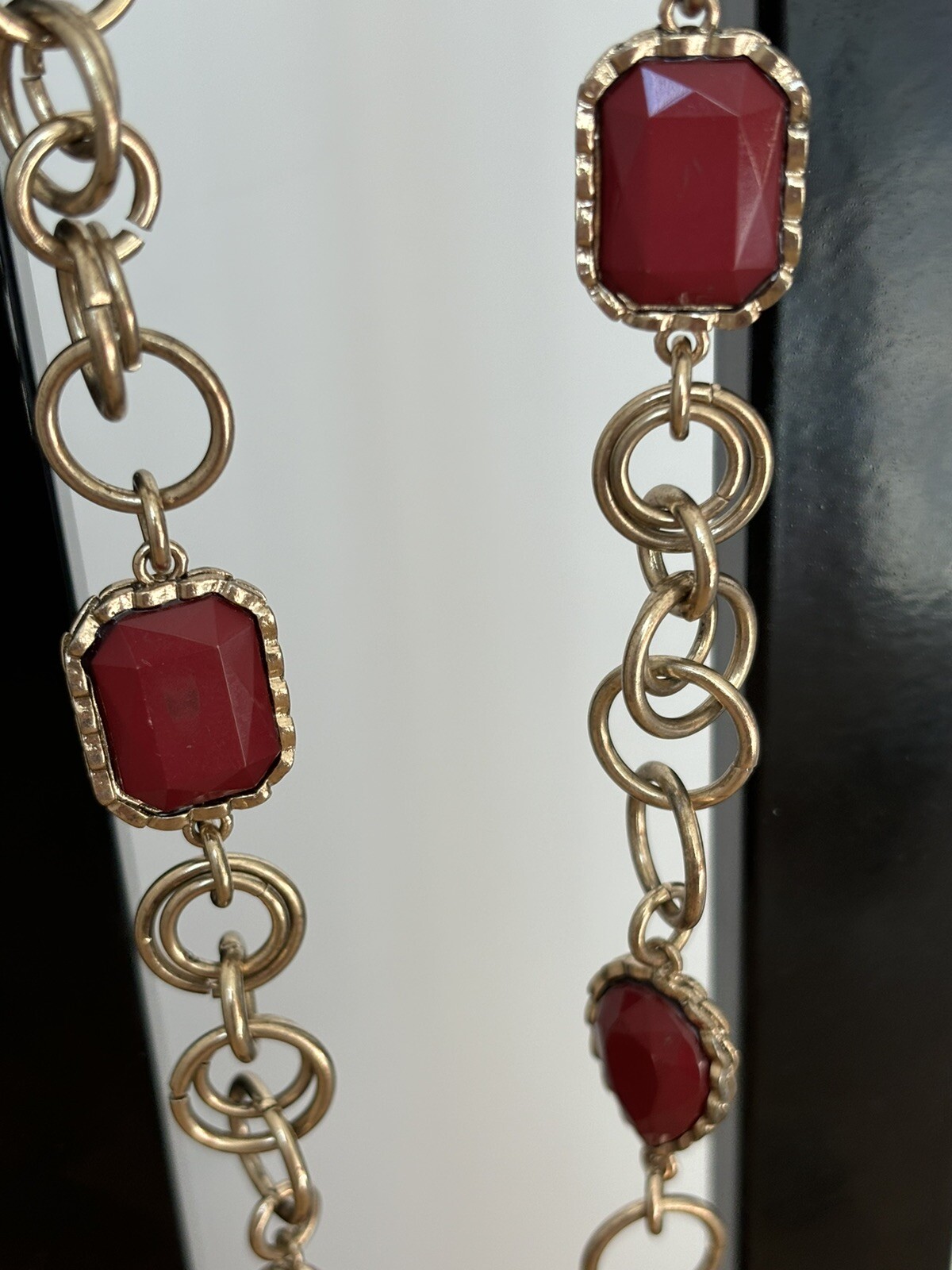 Red Cabochon Stations Necklace/ Xtra Long- Measures 32 In Total Length