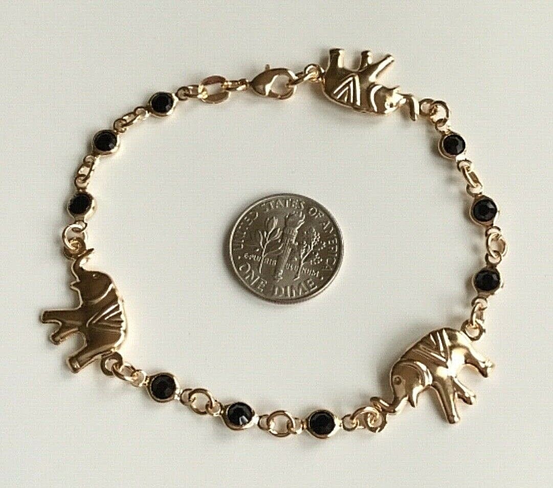 18K GOLD FILLED 3 ELEPHANT BLACK AZABACHE BRACELET 7,5″/PULSERA DE ELEFANTE 7,5″