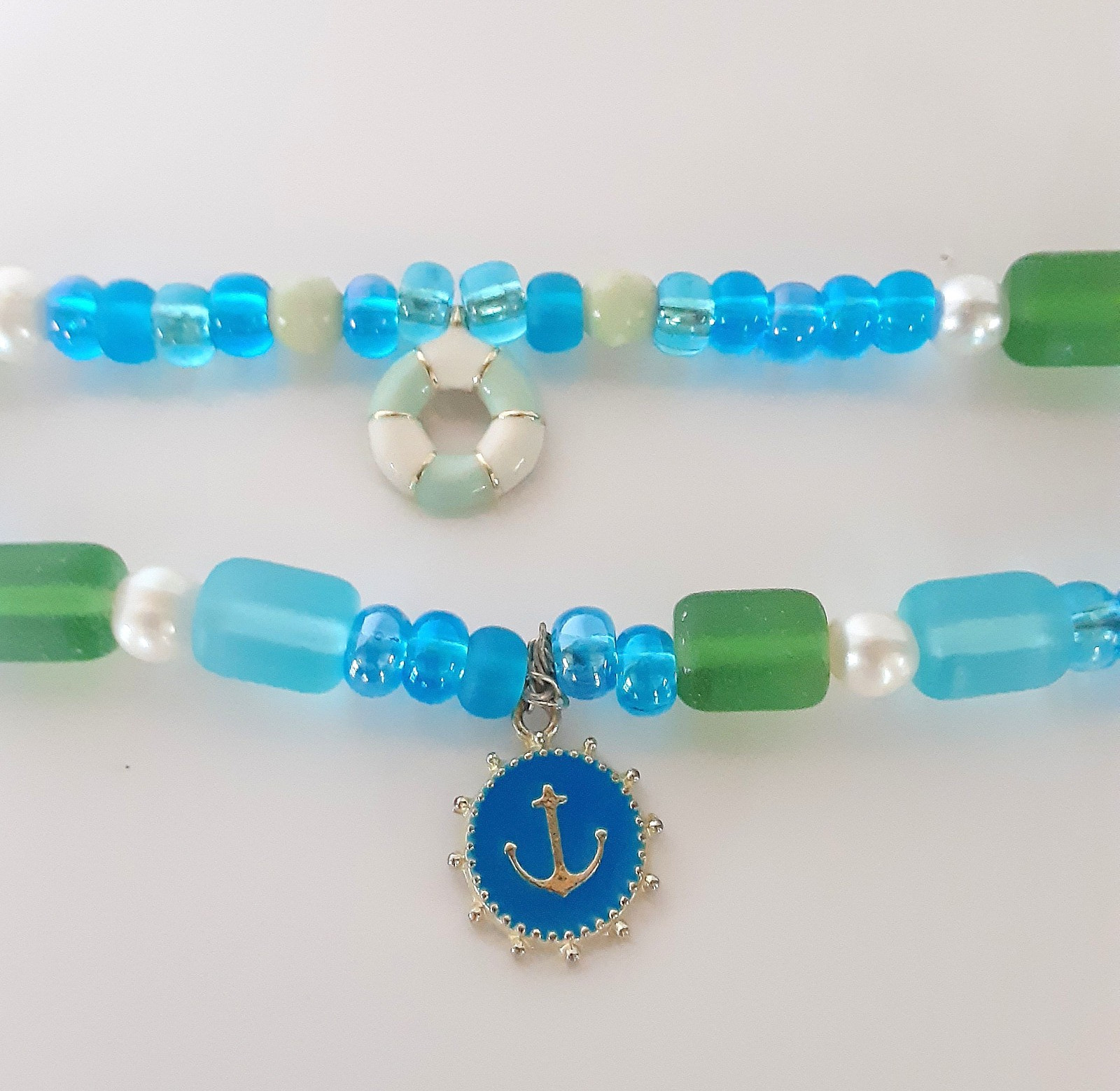 Handmade Sister Friends Sea Glass Nautical Charm Beaded Ankle Bracelet Set (Two)