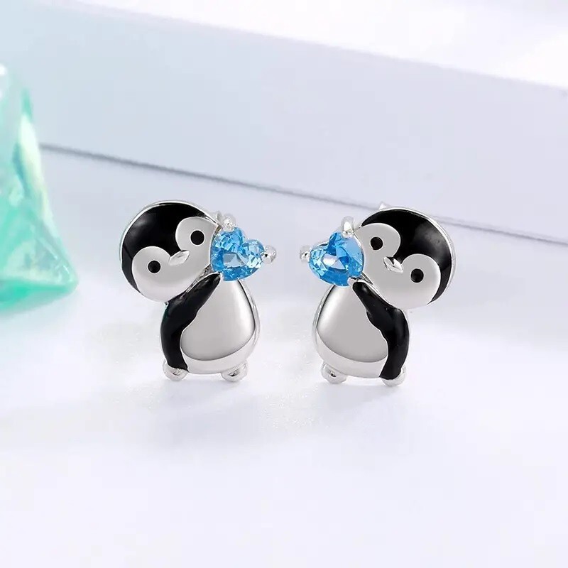 Little Penguin Holding Blue Heart Stud Earrings