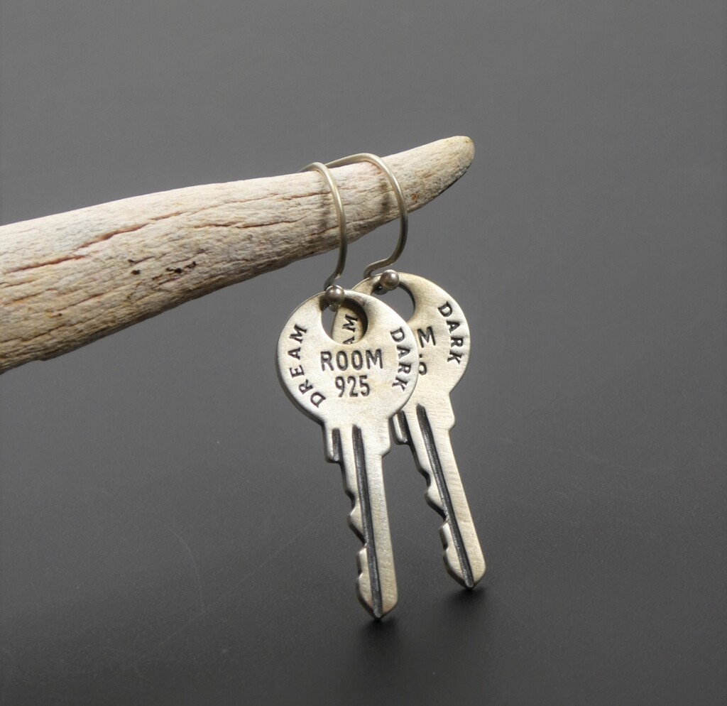 Antiqued Solid 925 Sterling Silver Door Key Drop Earrings Modern Unique Gothic