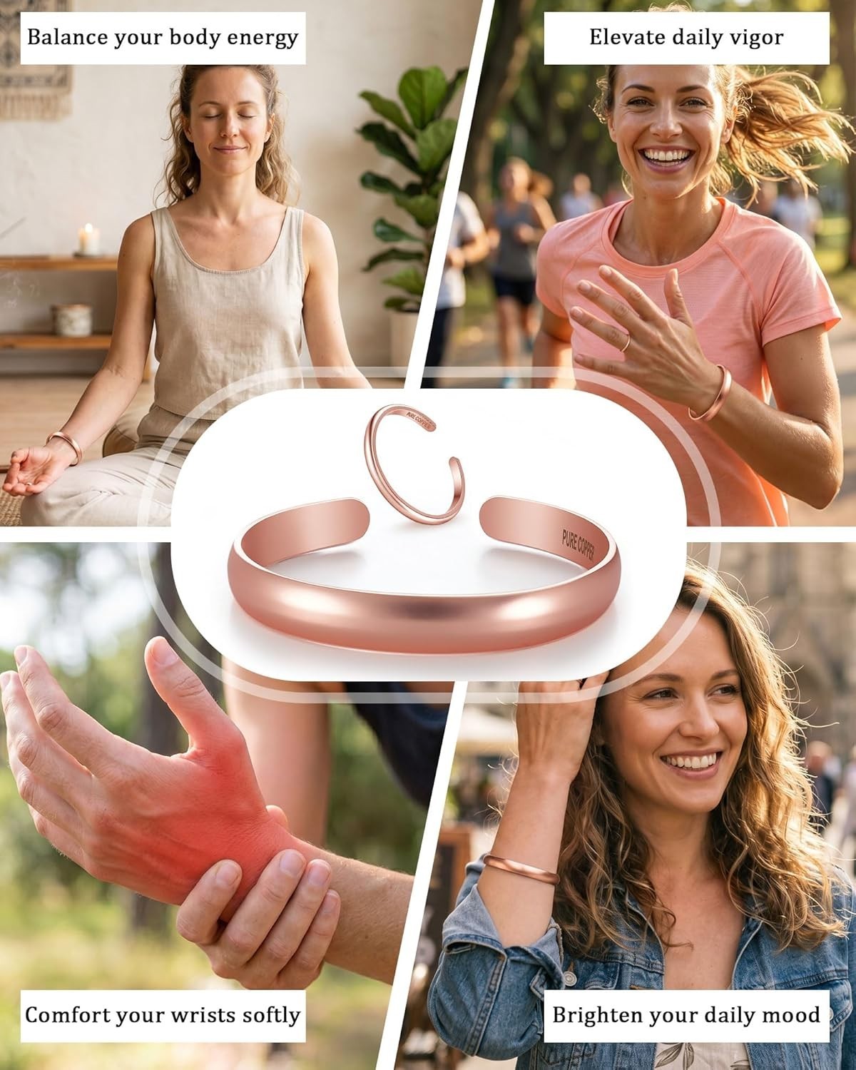 99.9% Pure Copper Bracelet & Ring Set – Adjustable, Elegant Gift for Women