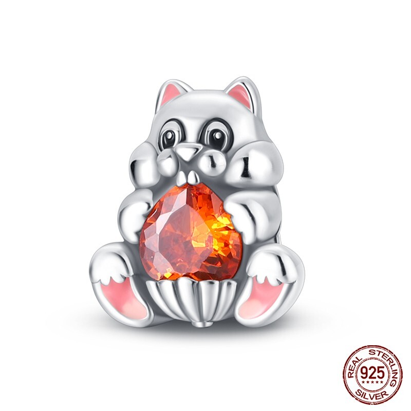 925 Sterling Silver Autumn Squirrel acorn orange stone charm universal size