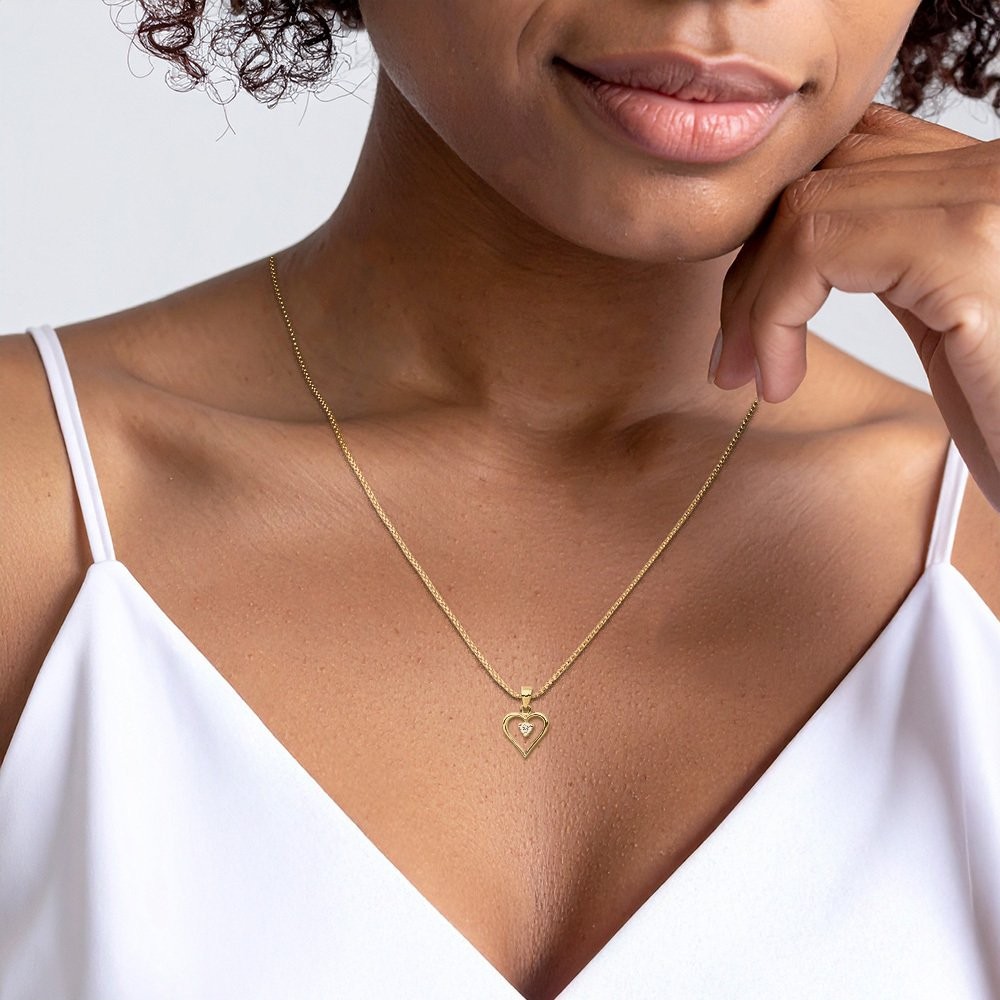 10K Solid Yellow Gold Cubic Zirconia Small Heart Pendant Necklace 15mm 5/8 inch