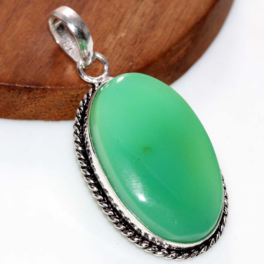 925 Silver Plated Green Onyx Pendant 1.8″ Festival Jewelry Most Beautiful MJ