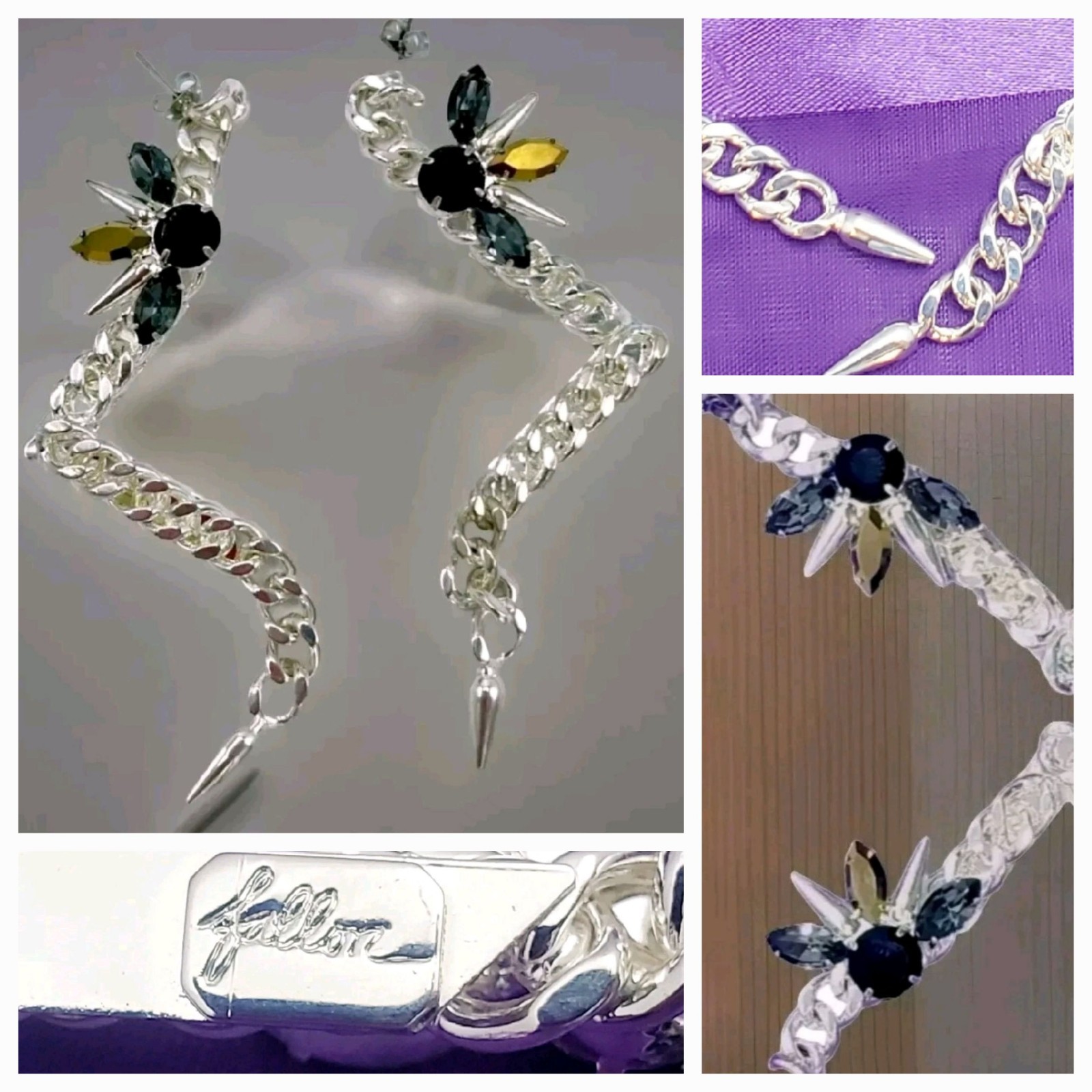 Designer FALLON Signed Micro Spike Chain EARRINGS Swarovski Crystals 2012