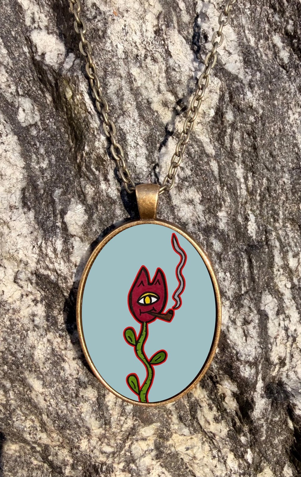 Smoking Cat Plant Bronze Necklace Pendant Whimsical Trippy Retro Cyclops Kitty