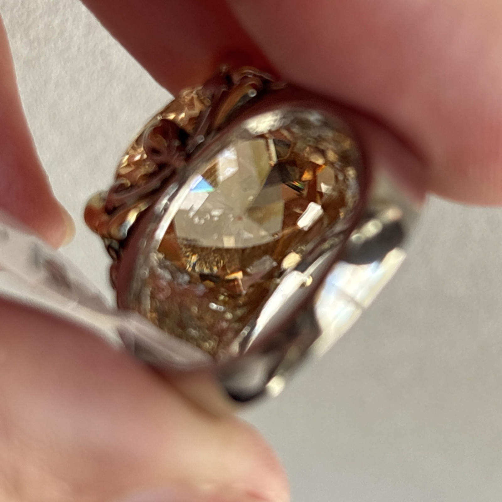 Inspirational Champagne Cushion Cut CZ Crystal Silver Gold Balinese Ring Size 7