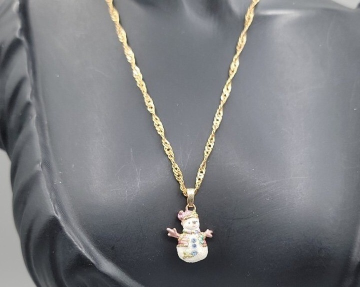 Winter Glitter Rhinestone Snowman Pendant Necklace Twisted 20″ Gold Tone Chain