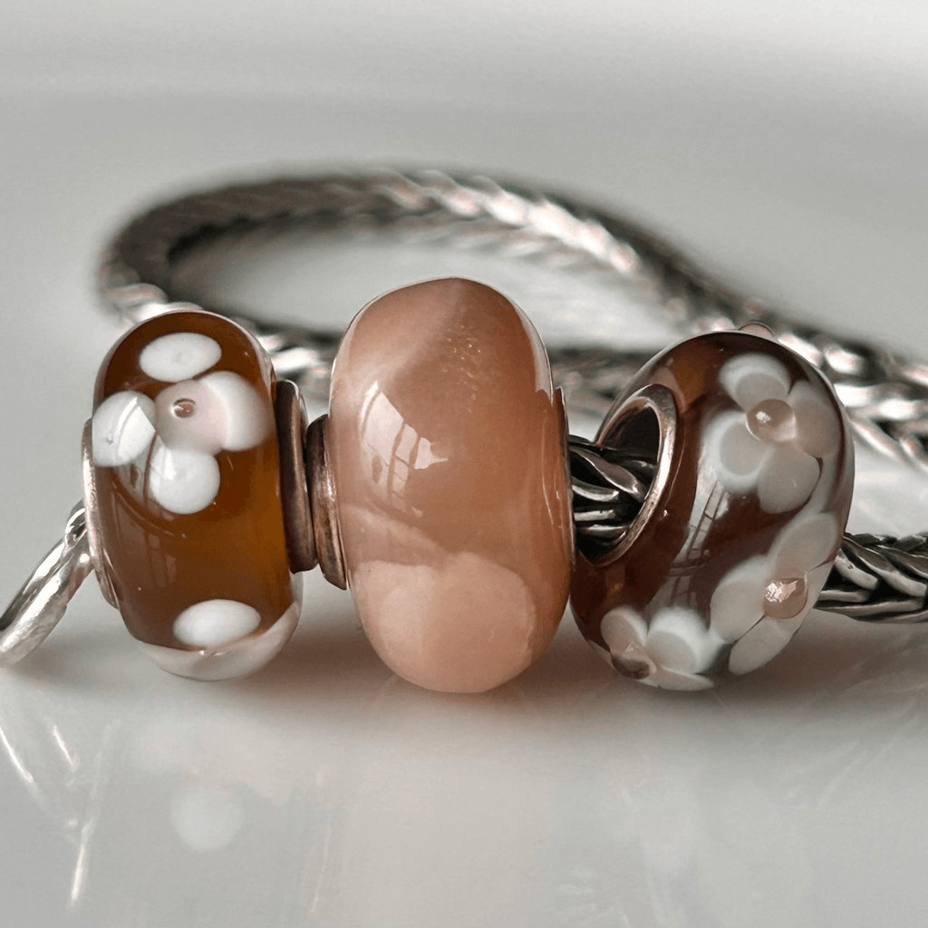 Peach Moonstone Gemstone w 2 Brown & Cream Flower Glass Beads *Fits Trollbeads