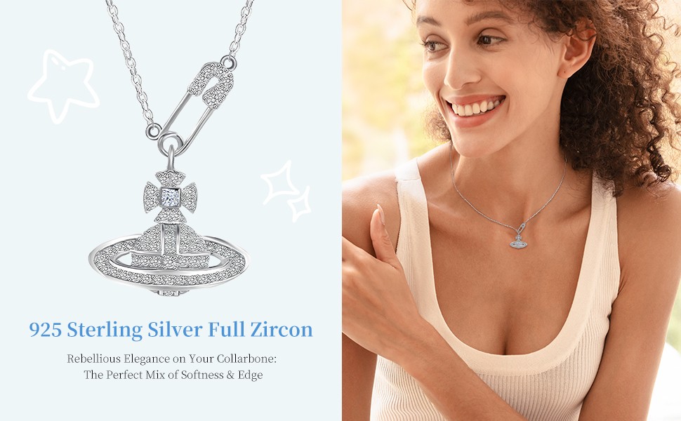 925 Silver Saturn Pendant Necklace (Pin & Zircon, 39+4cm, Gift for Her)