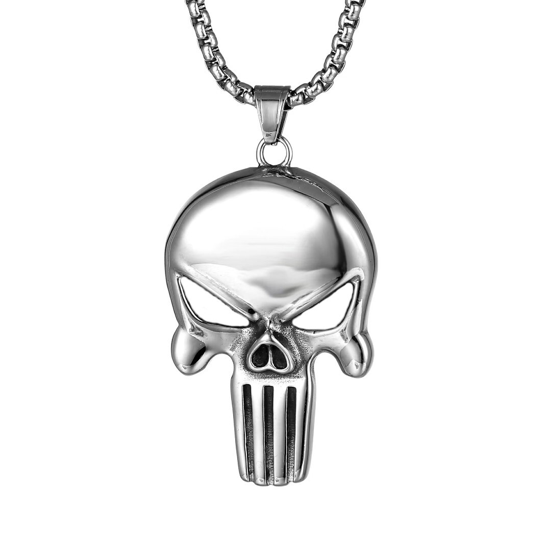 Men’s Silver Punisher Skull Pendant Necklace Gothic Punk Retro Rock Jewelry 24″