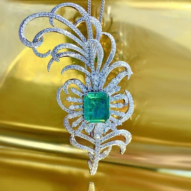 Lab Created Emerald 3Ct Emerald Feather Brooch Pin Pendant 14K White Gold Plated