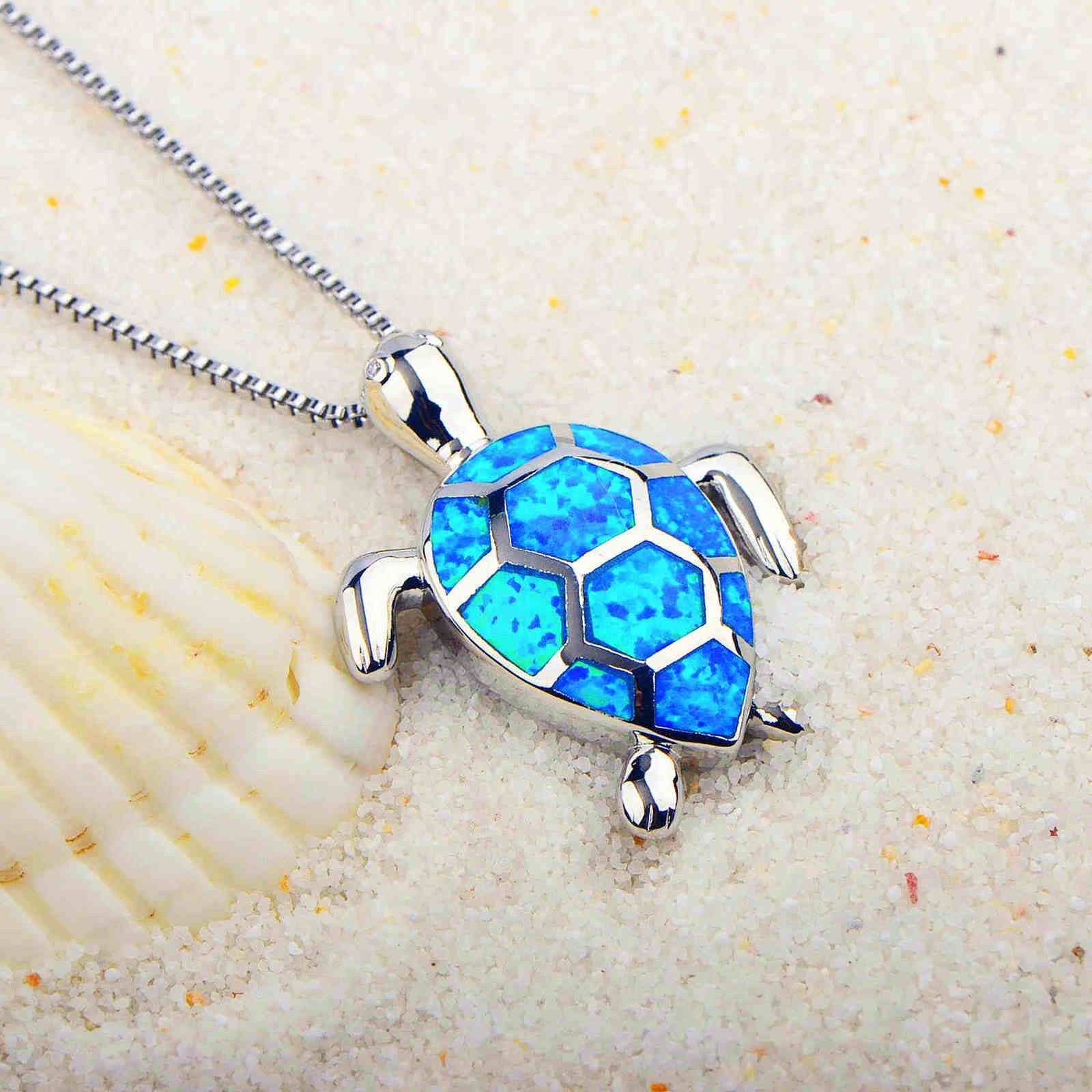Hawaii Blue Fire Opal Turtle wave Necklace pendants Silver Filled For Women Girl
