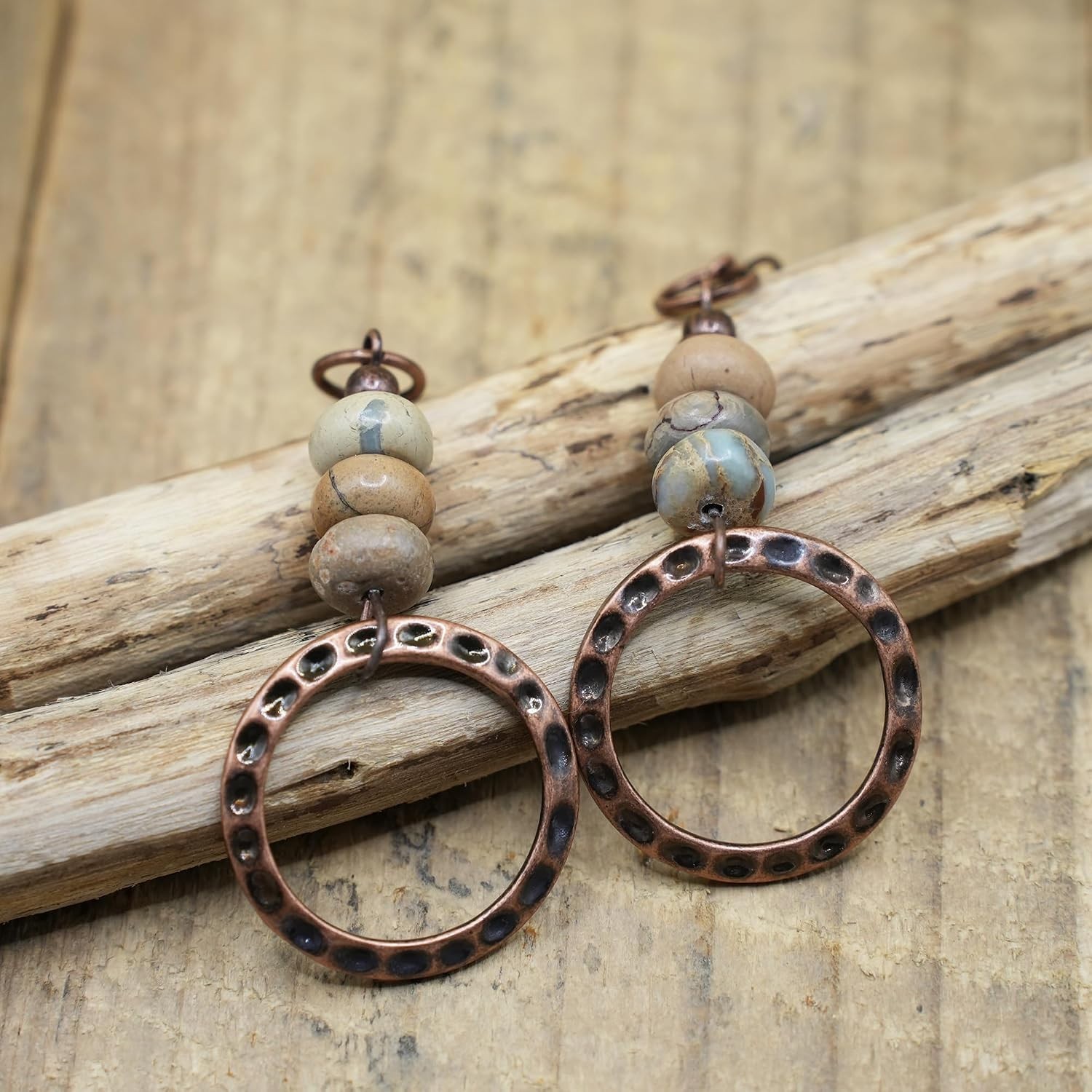 Unique Dangle Bohemian Earrings: Hammered Copper with Earthy Gemstone Accents