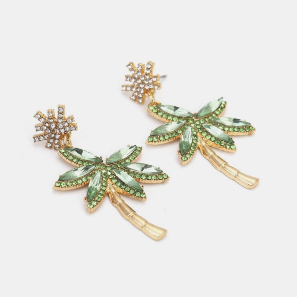 Pretty Alloy Palm Tree Gold-plated Hanging CZ Dangle Earrings