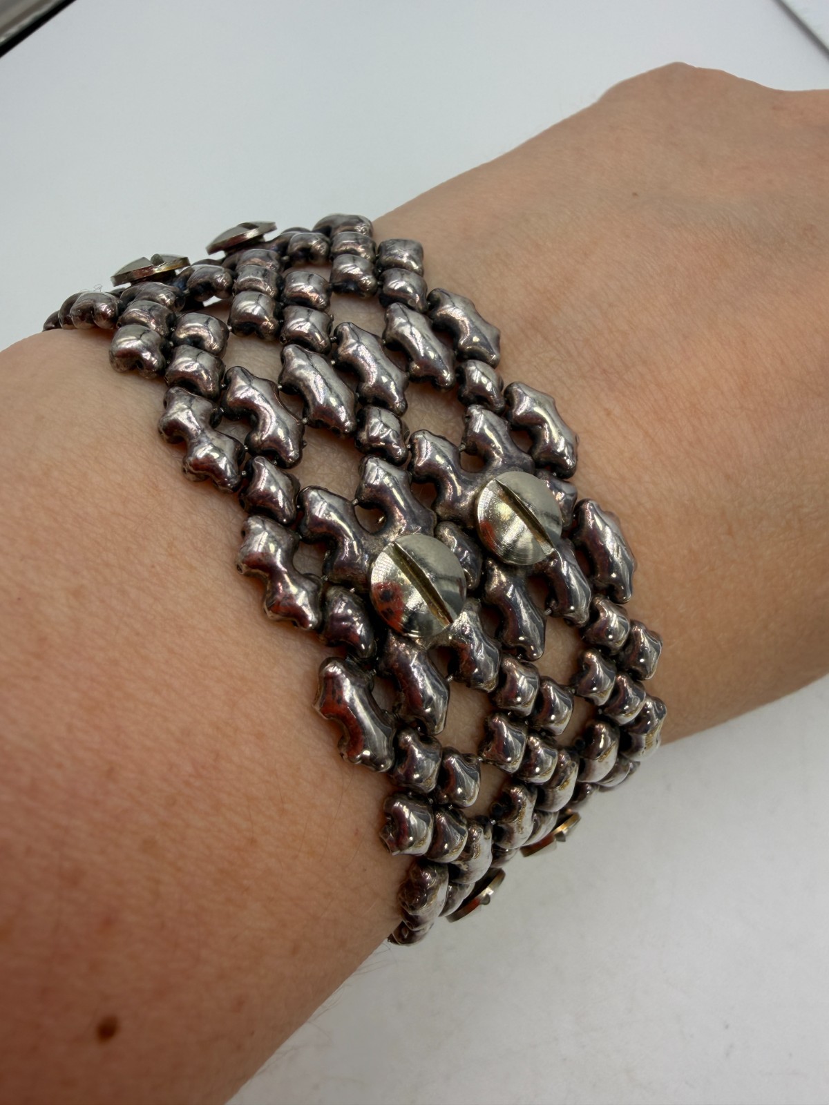 Sergio Gutierrez Braceelt Cuff Liquid Metal Screw Detail 6 inches Wide