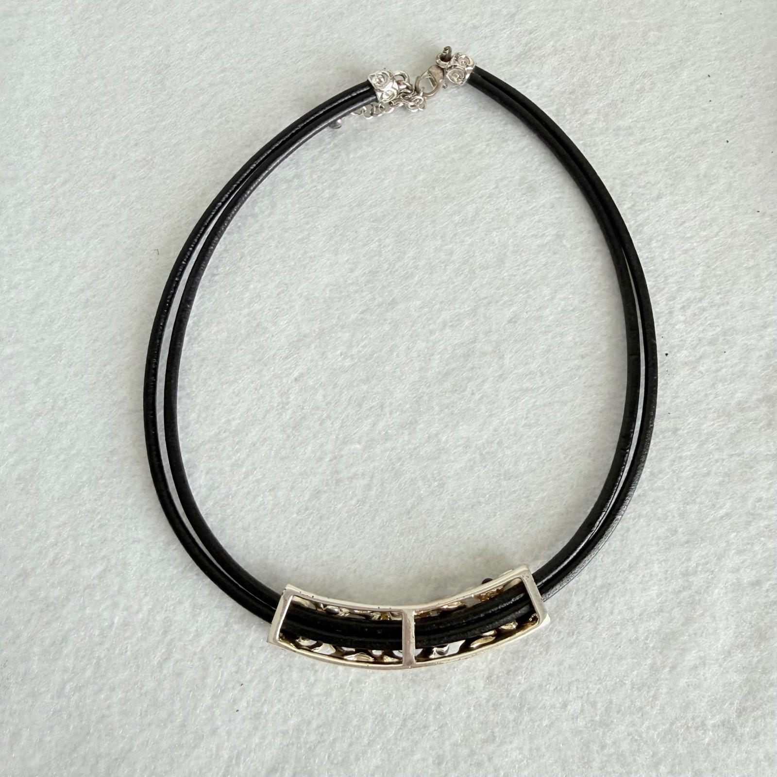 Two VTG Black Cord Statement Necklaces Silver Tone Filigree & Fringe Pendants