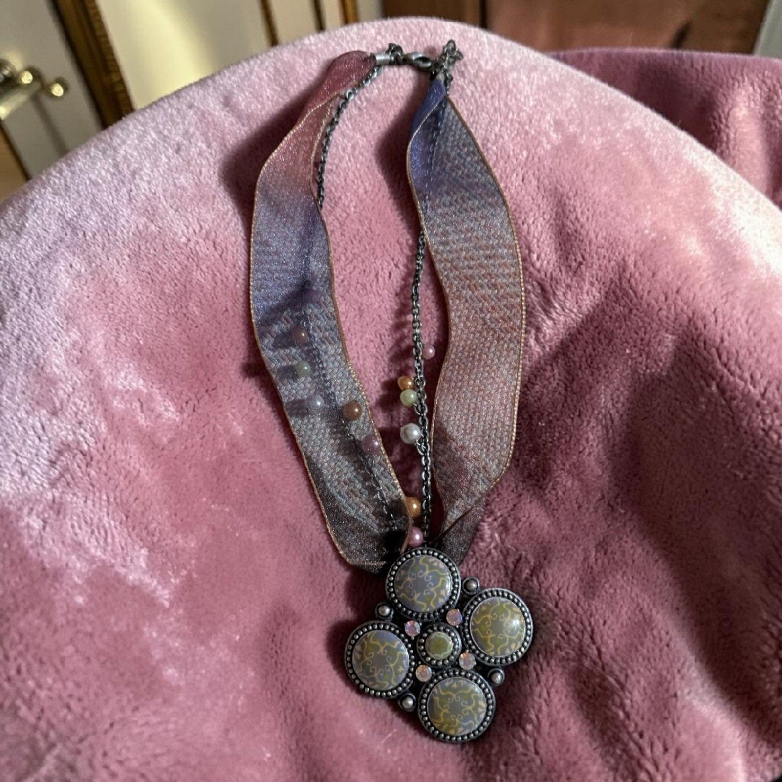 Boho Ribbon Choker Necklace Pink Purple Iridescent Pendant Fairycore Cottagecore