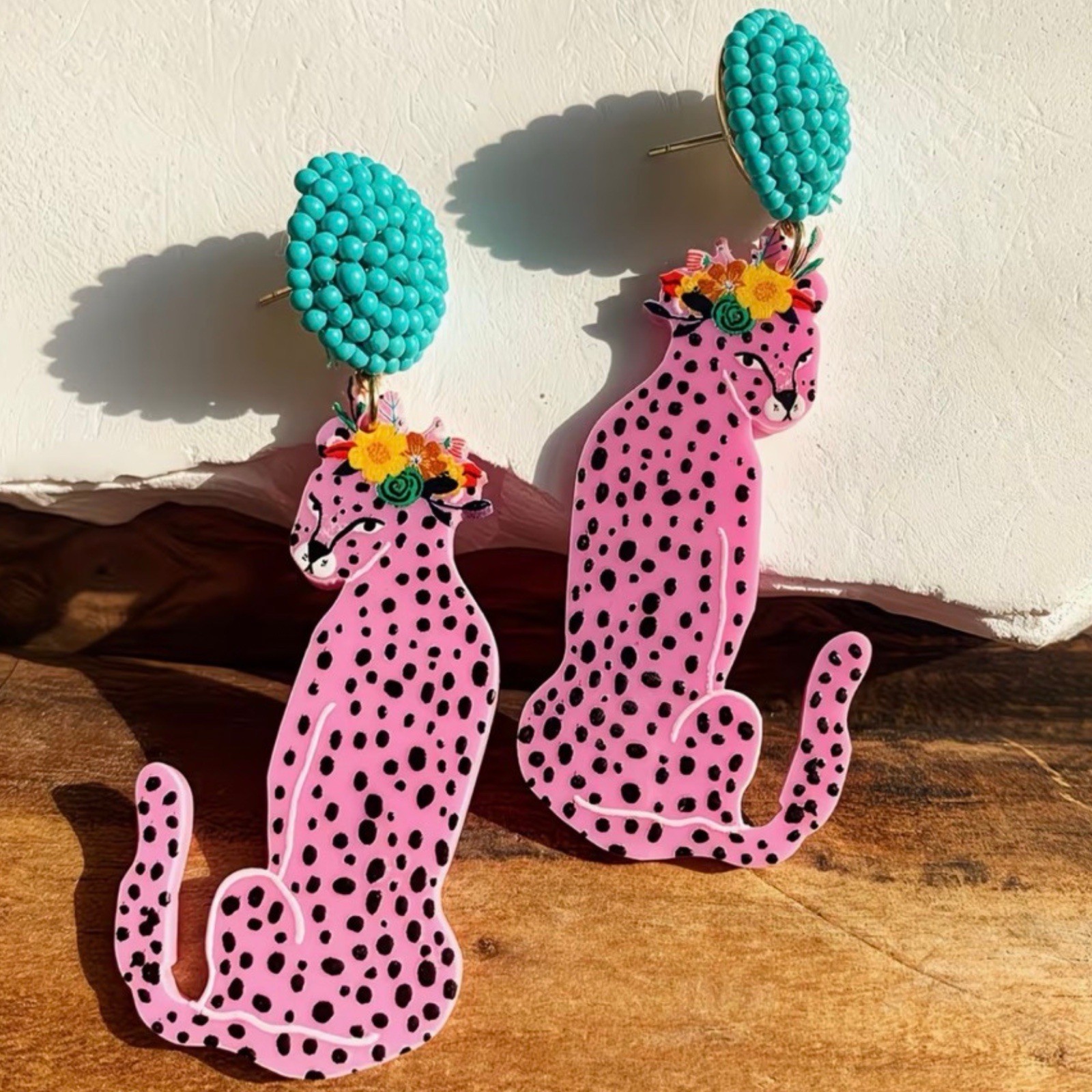 Chic Pink Leopard Earrings With Blue Beaded Stud Acrylic Dangle Big Cat E26