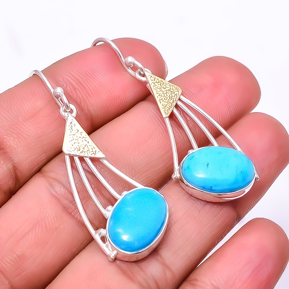 Magnesite Turquoise 925 Sterling Silver Two Tone Earring 1.95″ E_9466_260_32