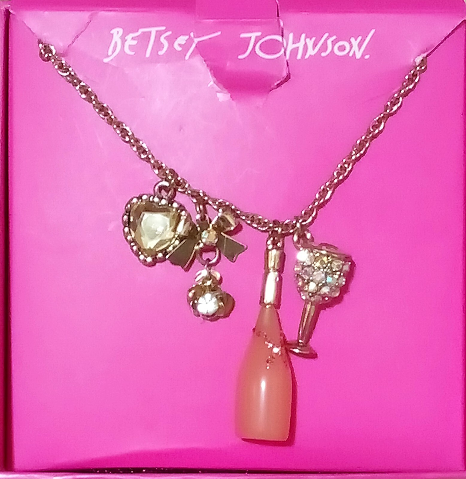 Betsey Johnson Wine & Crystal Challis & Assorted Charms Necklace
