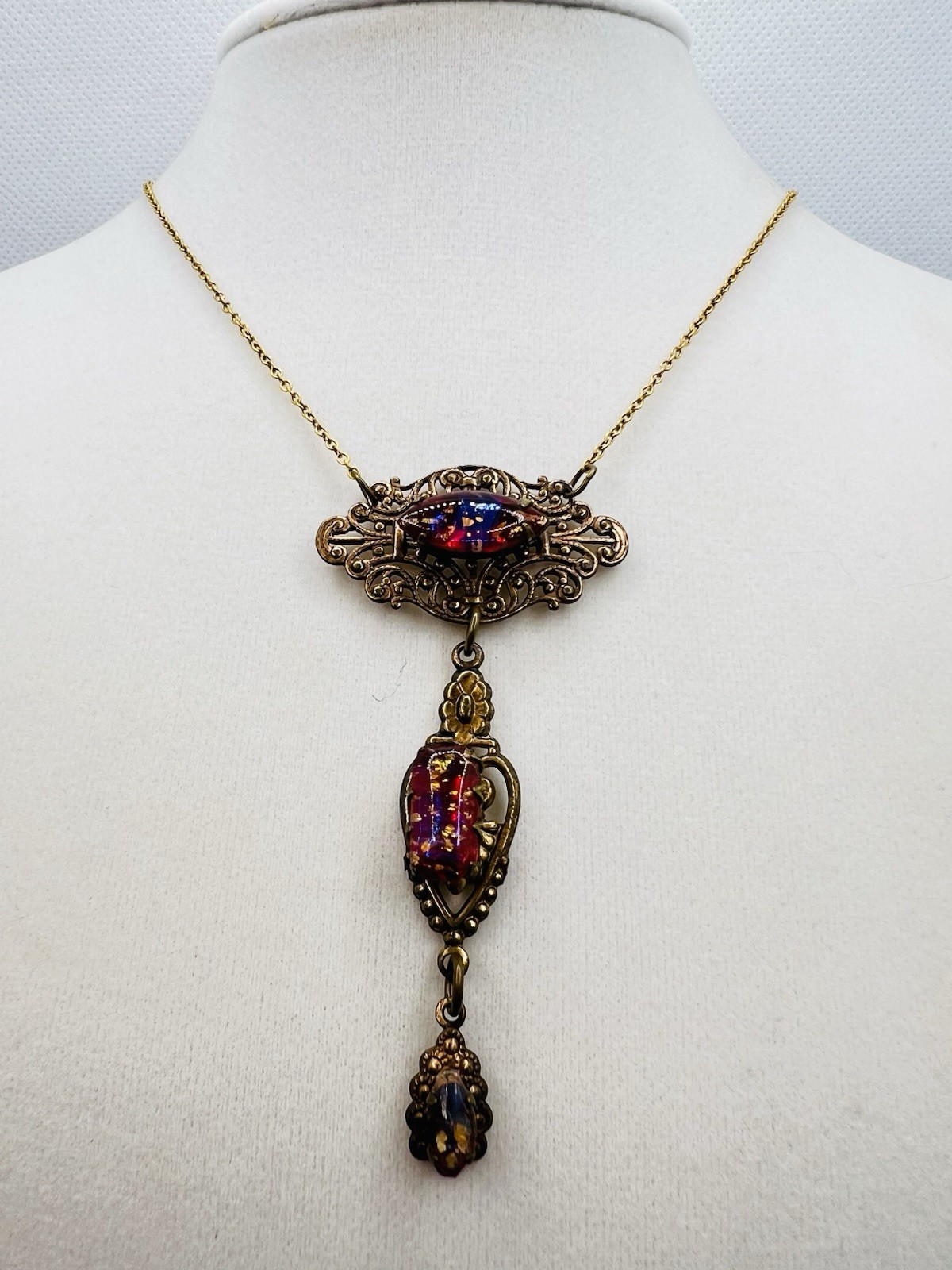Art Nouveau Blue Red Foil Dragon Glass Brass Filigree Lavaliere Necklace