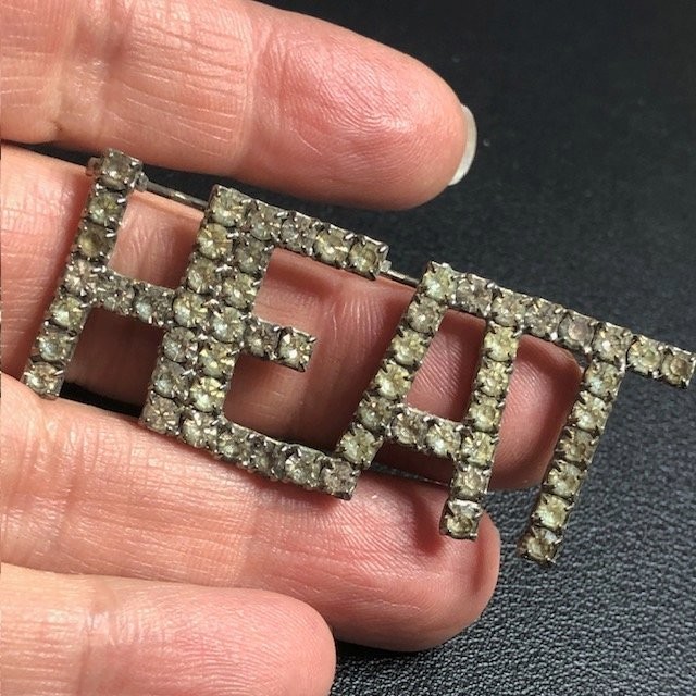 B2956 Vintage Style “HEAT” Word Rhinestone Brooch Pin ~2.25″ W Sparkle Statement