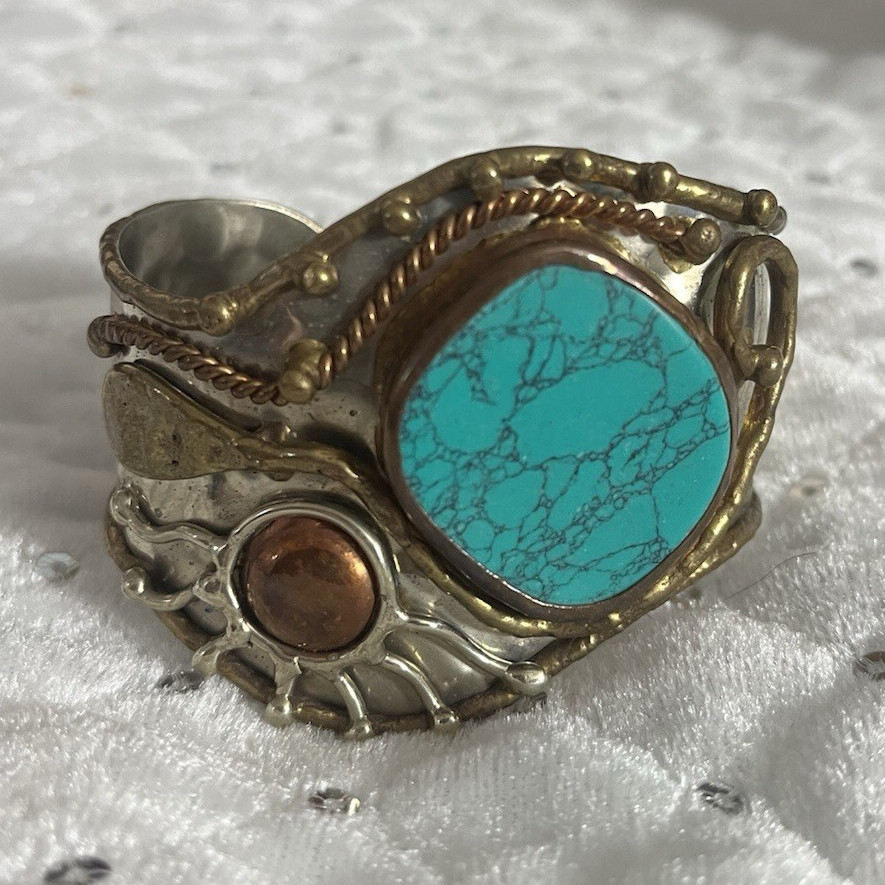 Silver Tone Adjustable Cuff Bracelet Oval faux Turquoise Main Stone Bezel Set