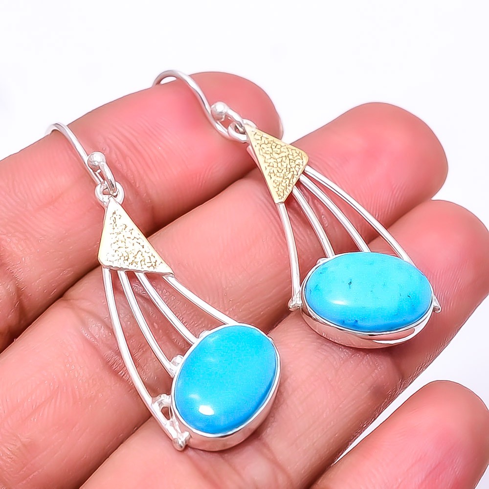 Magnesite Turquoise 925 Sterling Silver Two Tone Earring 1.95″ E_9466_260_32