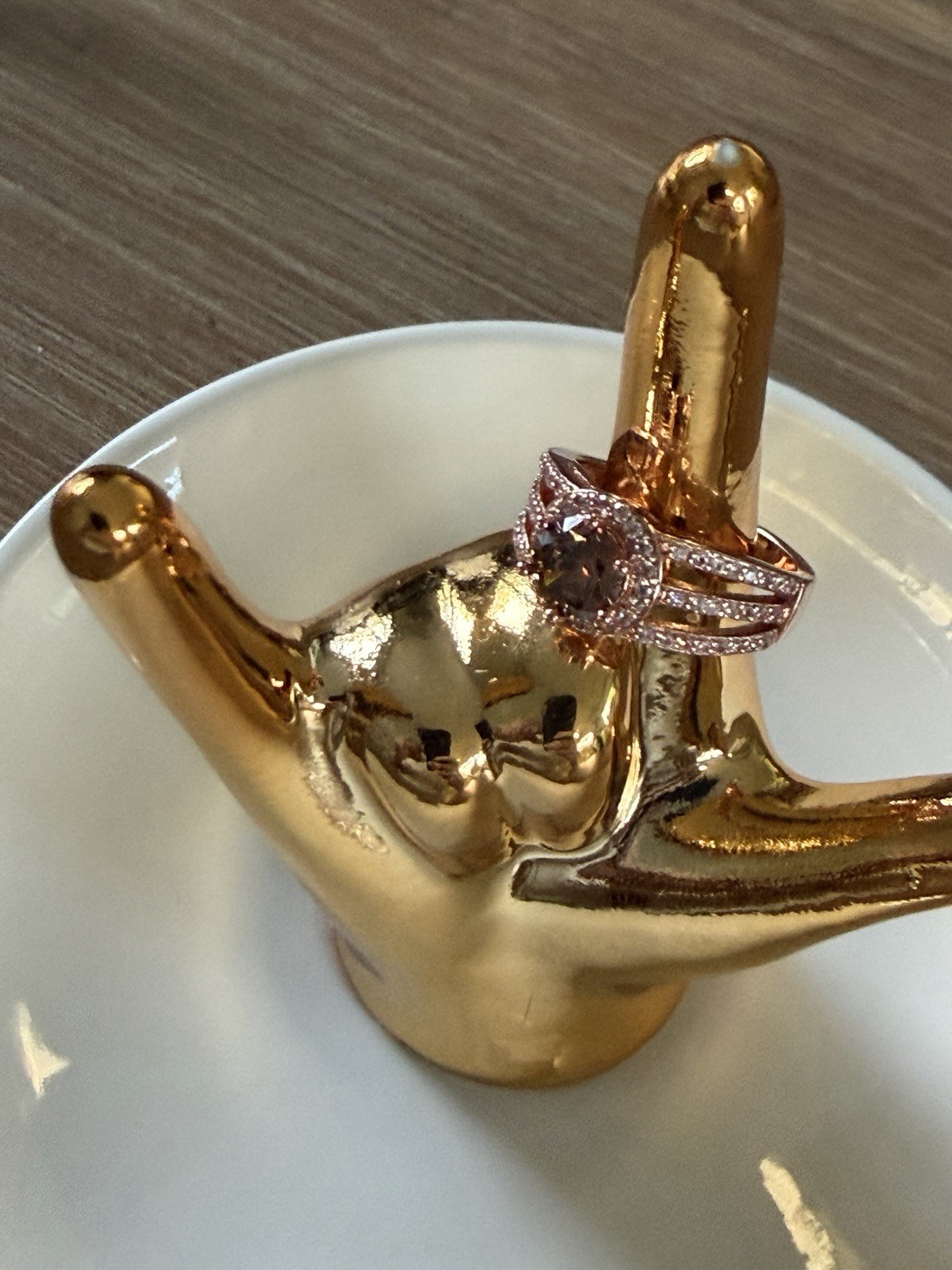 Rose Gold Tone Metal Cocktail Ring Size 6 ChampagneRound Stone Halo Pave