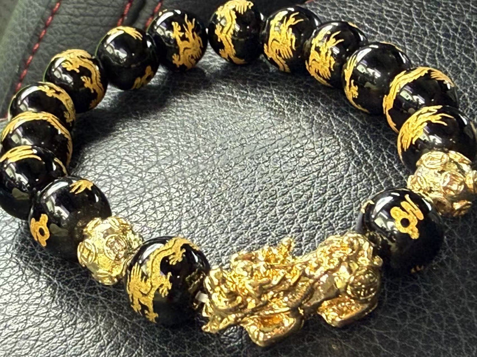 Feng Shui Genuine Obsidian Stone Beads Bracelet Gold Black Pi Xiu