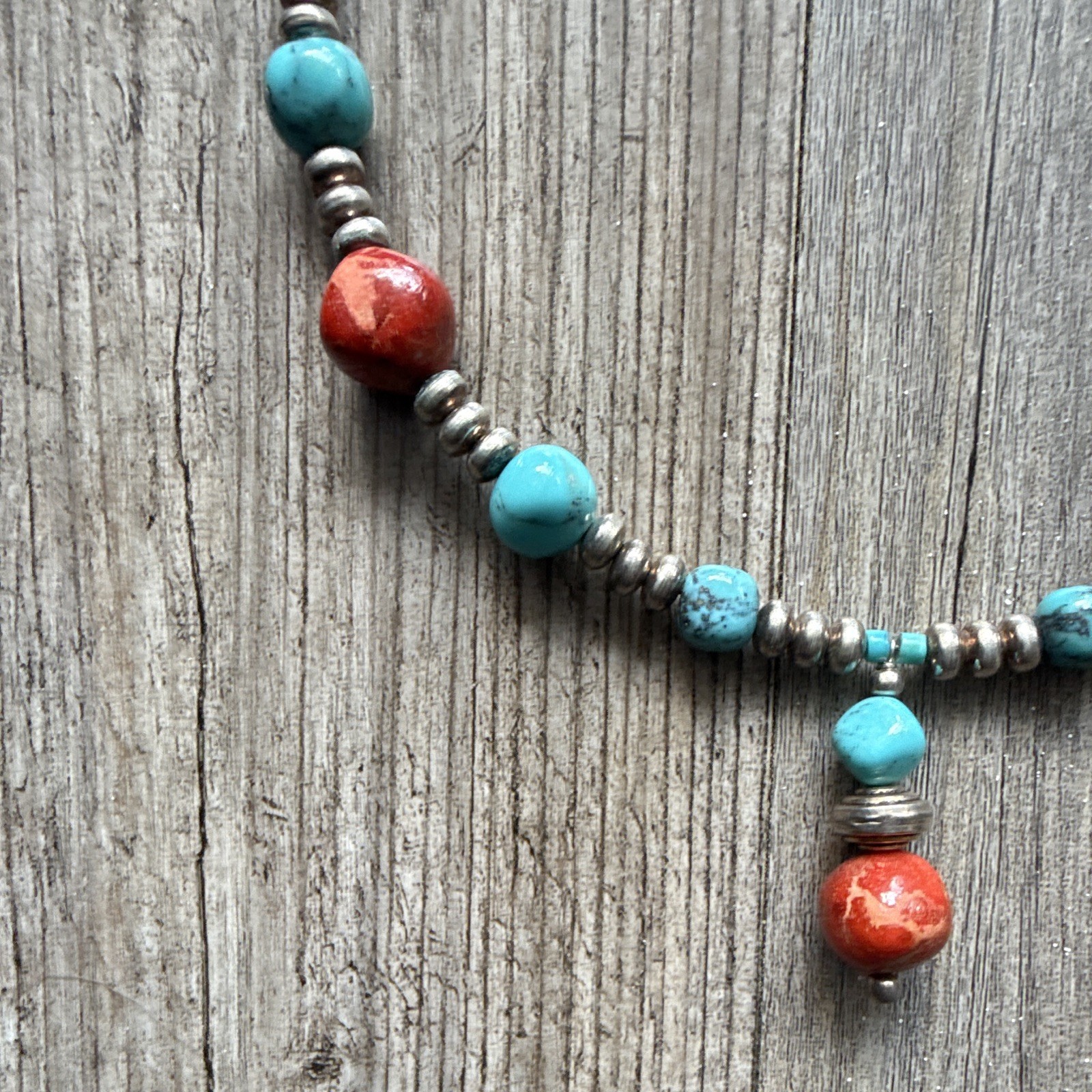 Handmade Sterling Silver Turquoise & Coral Beaded Necklace Dangle Hook Earrings