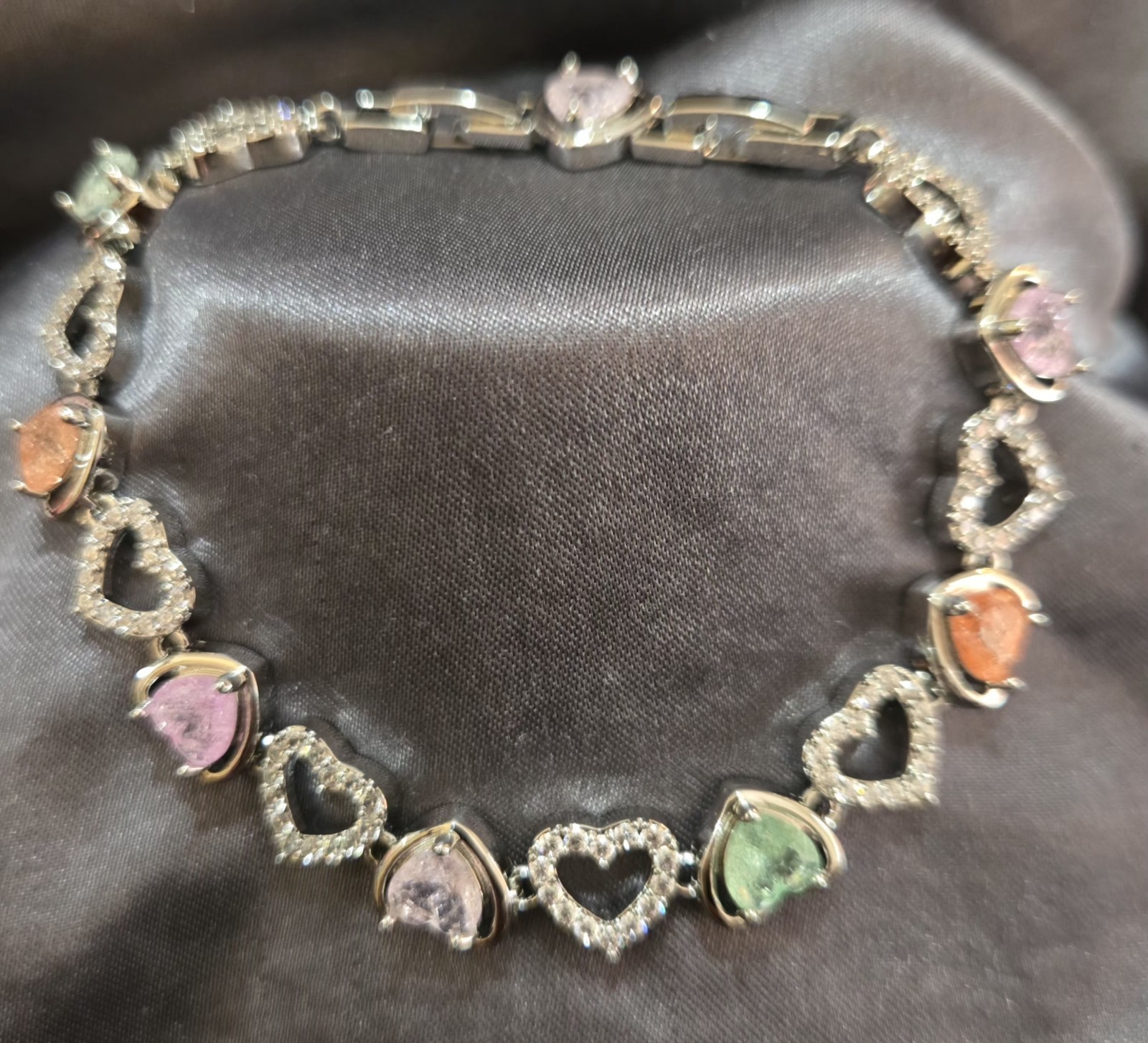 Silver Tone Multicolor Heart Crystal Tennis Link Bracelet Bar Link Box Clasp