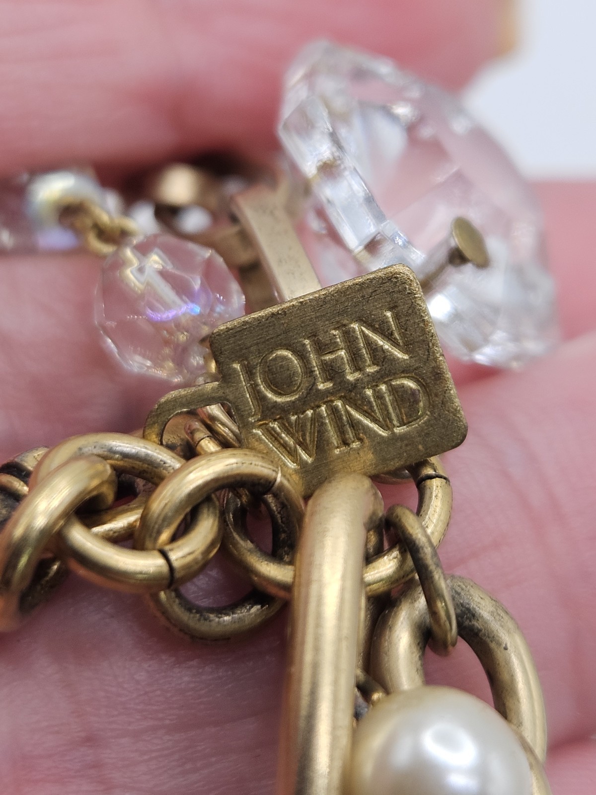John Wind Chunky Charm Bracelet Multi Strand Faux Pearl Clear Crystal Art Glass