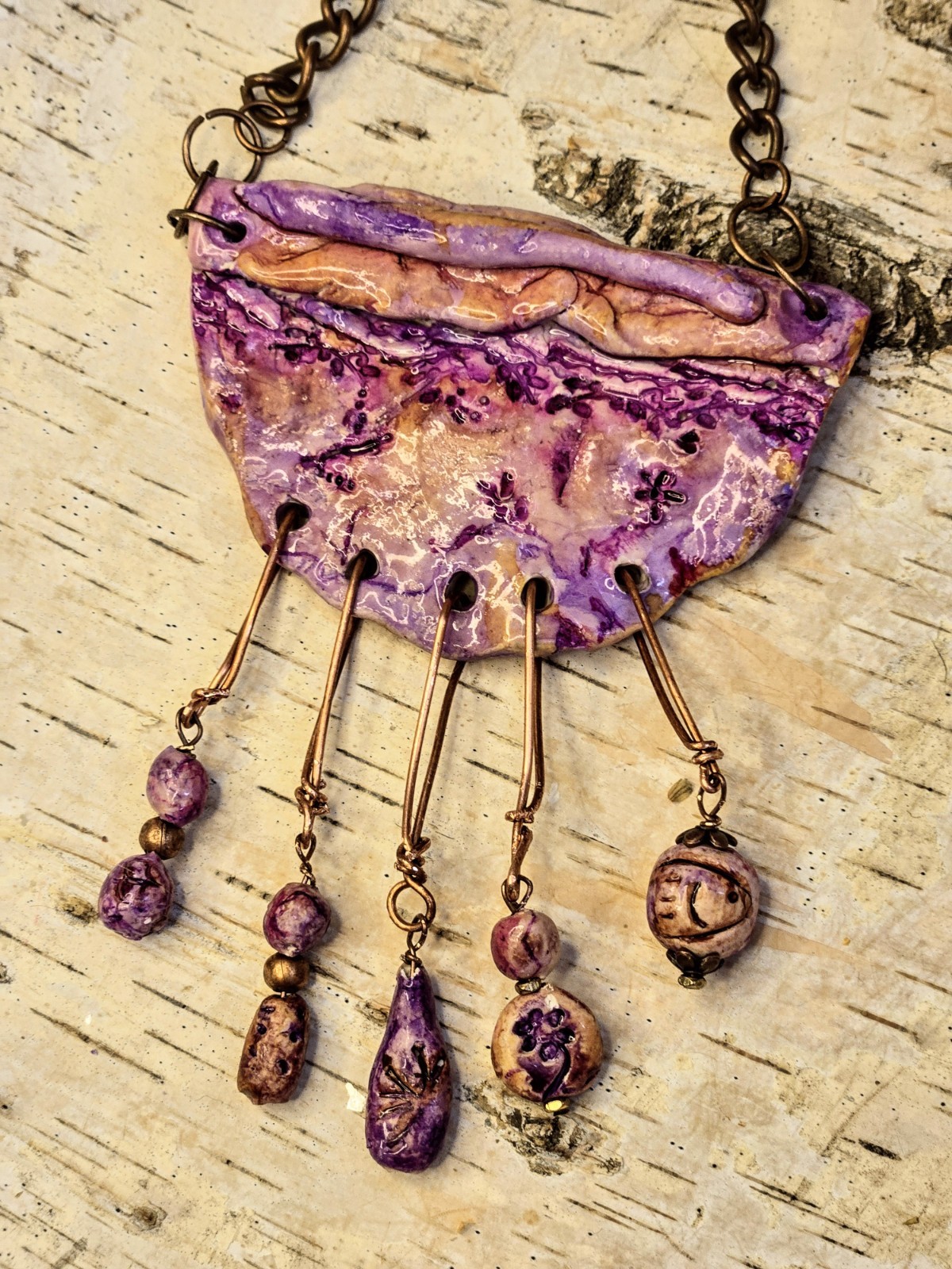 Primitive Cave Rustic Lavender Pendant & Beads Flowers & Fish Copper Necklace