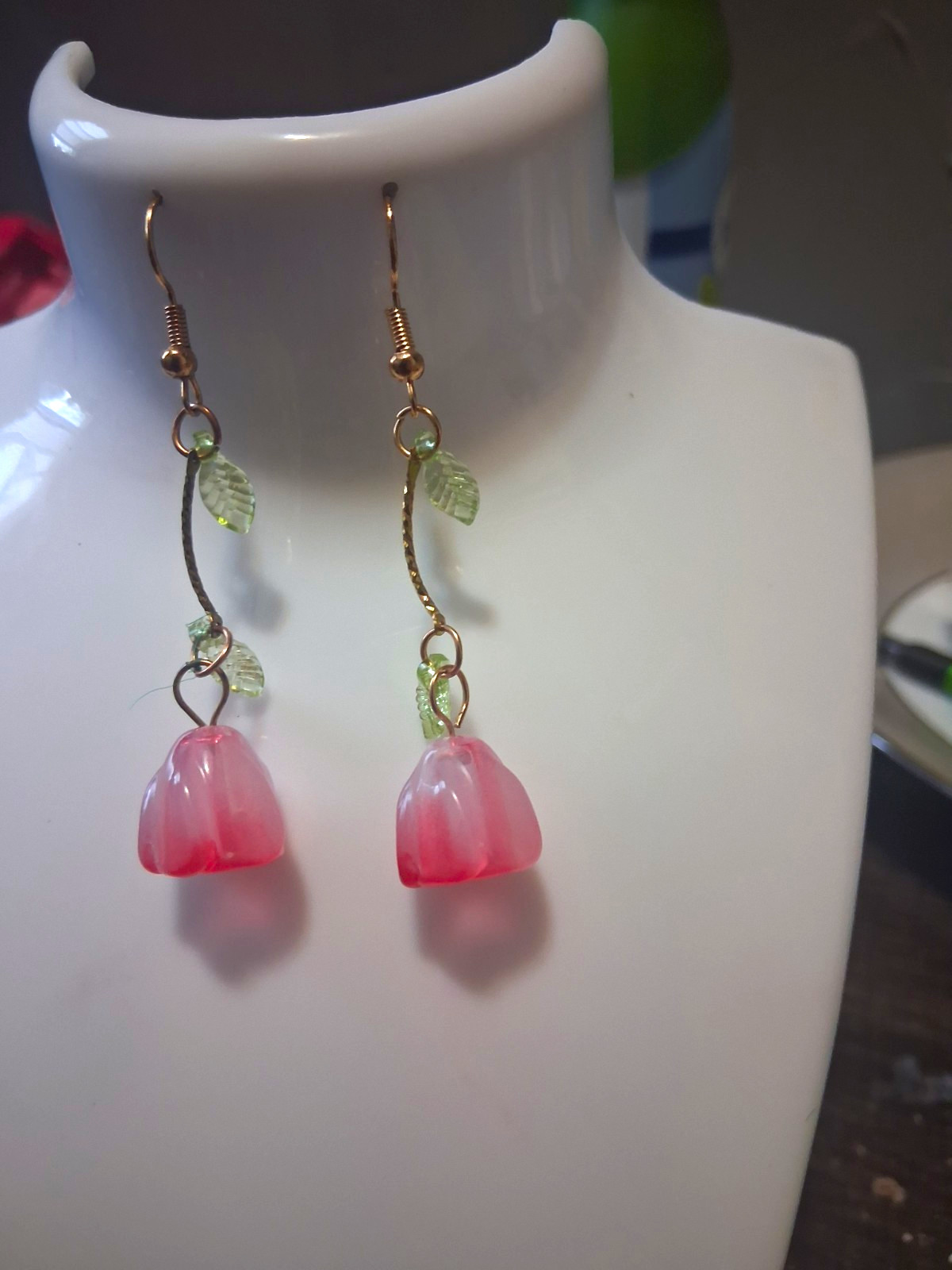 Pink Flower Floral Dangle/Drop Hook Earrings Green Leaf Accents No Stone