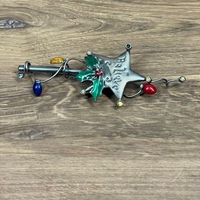 Vintage Believe Star Brooch 3.5in Pewter Enameled Holly Lights Rhinestone Pin
