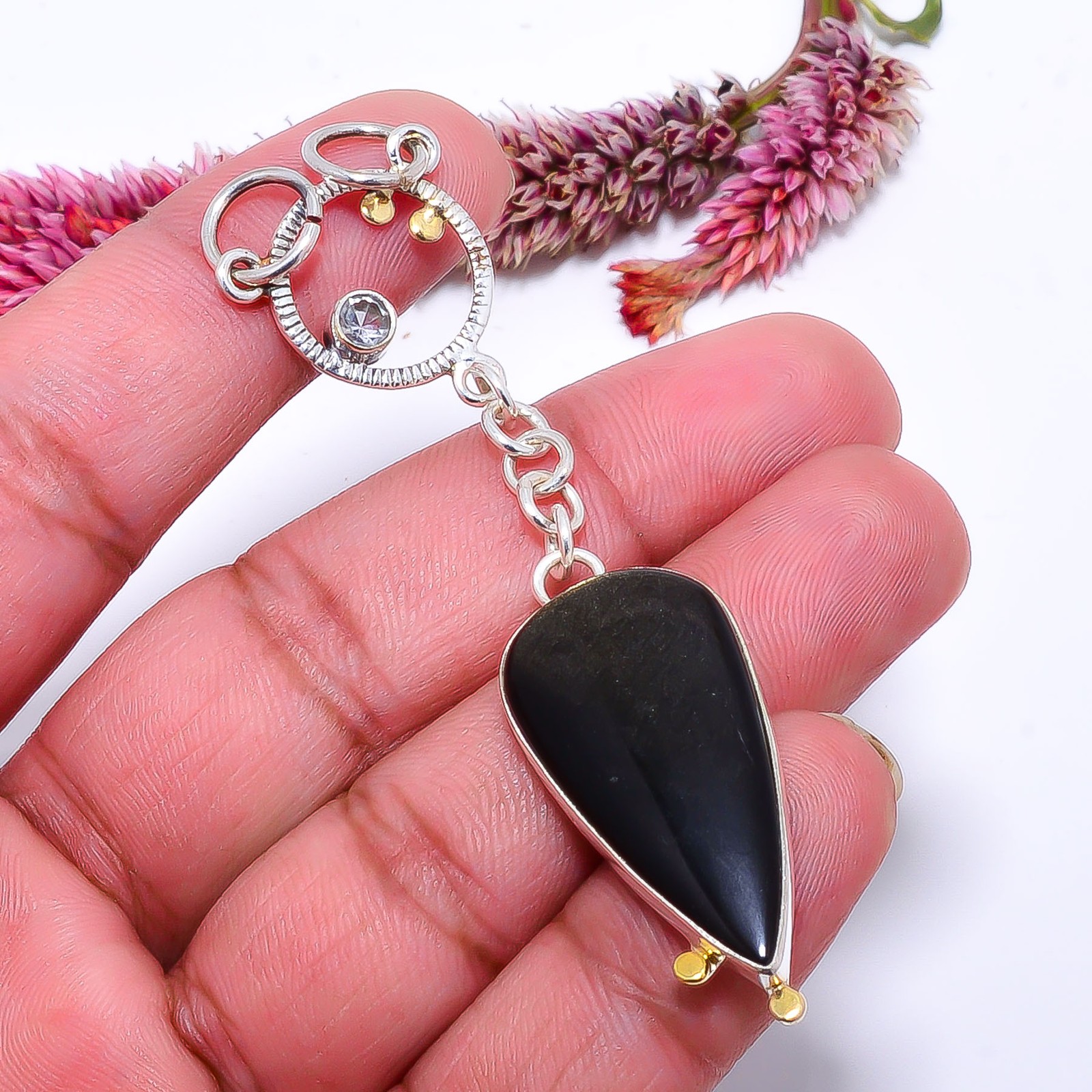 Black Onyx – Brazil & White Topaz 925 Sterling Silver Two Tone Pendant 2.93″ P16