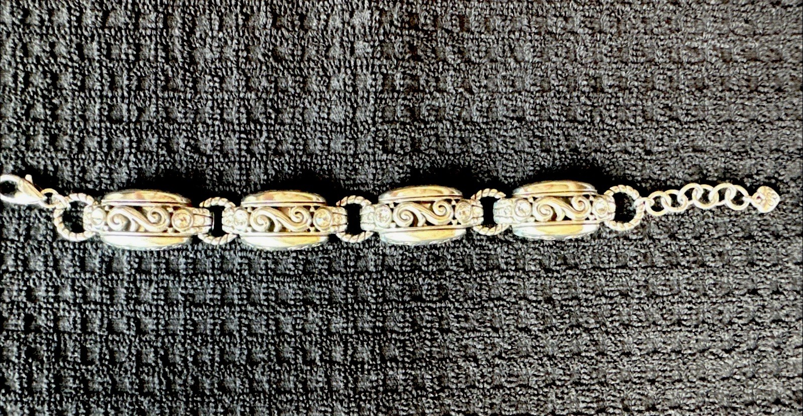 Brighton silver scroll link bracelet, ornate swirl designs and clear crystals.