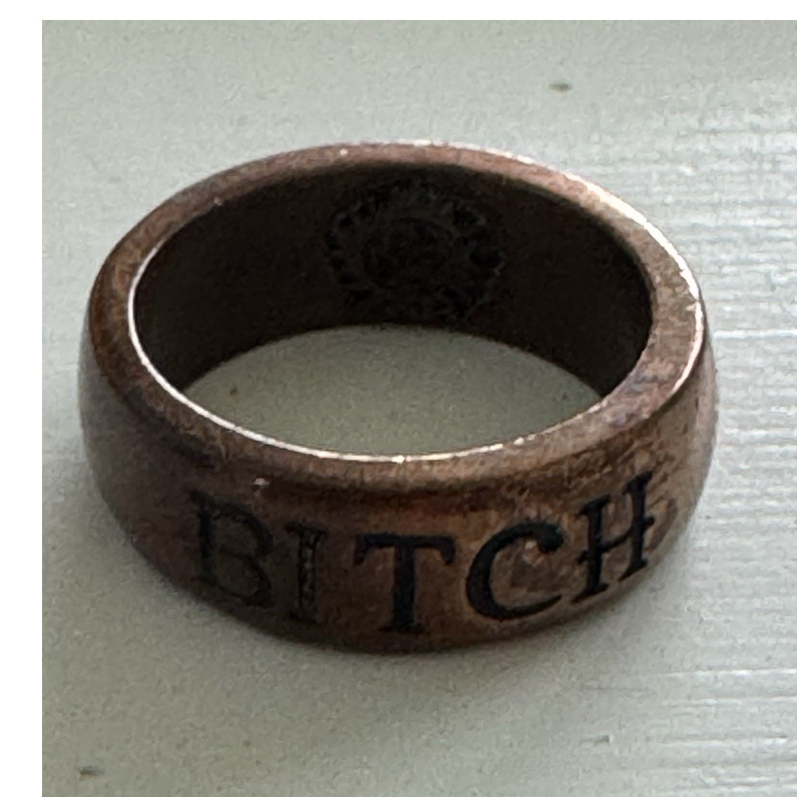 Copper Band Ring ‘BITCH’ Engraving Punk Style Size 8 Brown Round