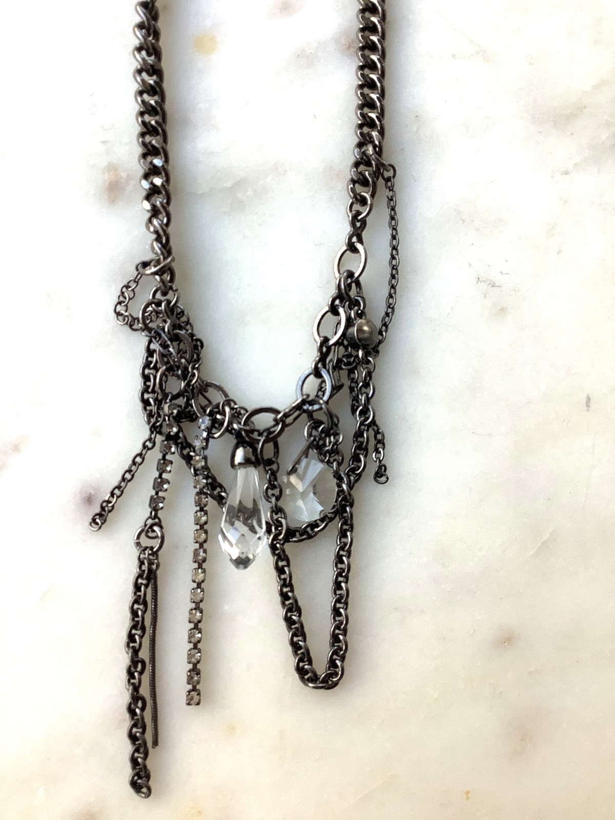 GUESS Dark Silver Tone Layered Statement Necklace Tiers Rhinestones Adjustable