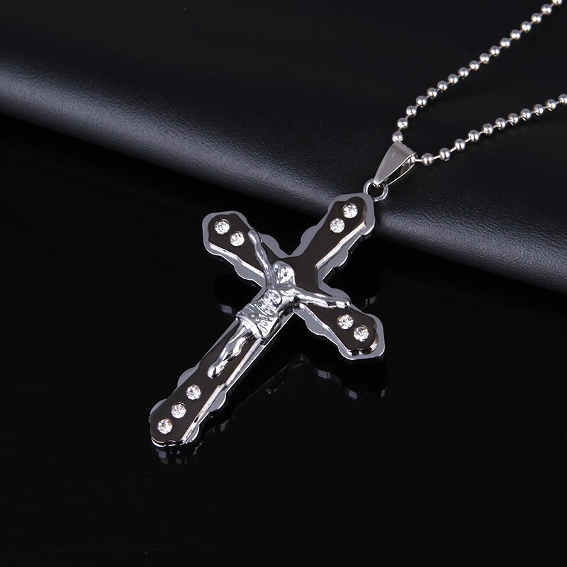 Crucifix Jesus, Cross Christan Necklace – Black – Catholic